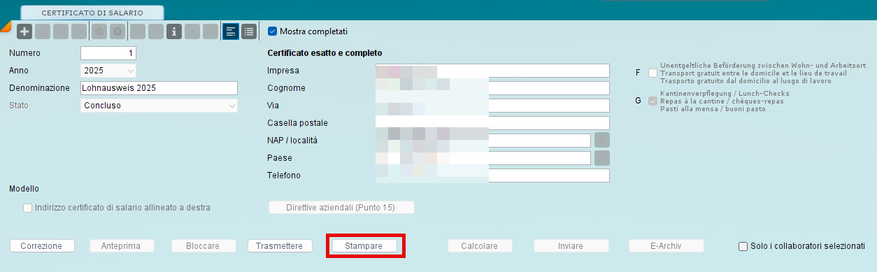 Stampare o trasmettere i certificati di salario bloccati