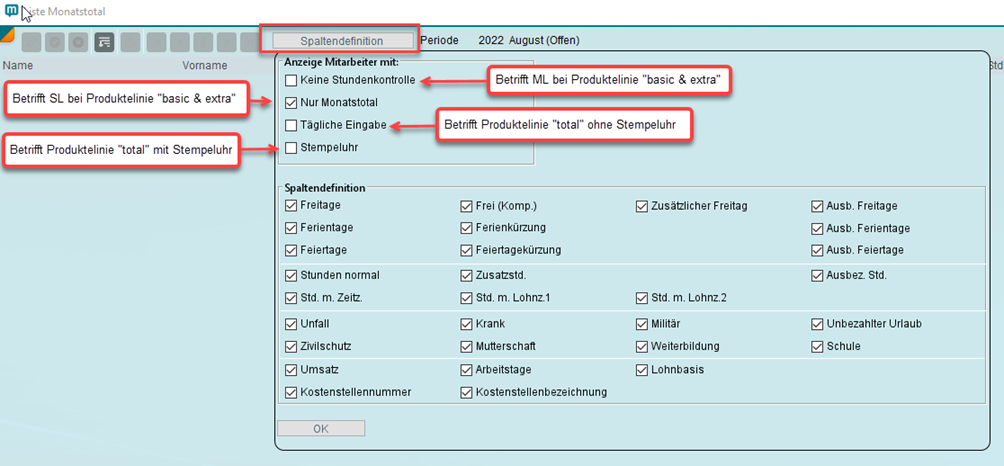 Spaltendefinition der Liste Monatstotal