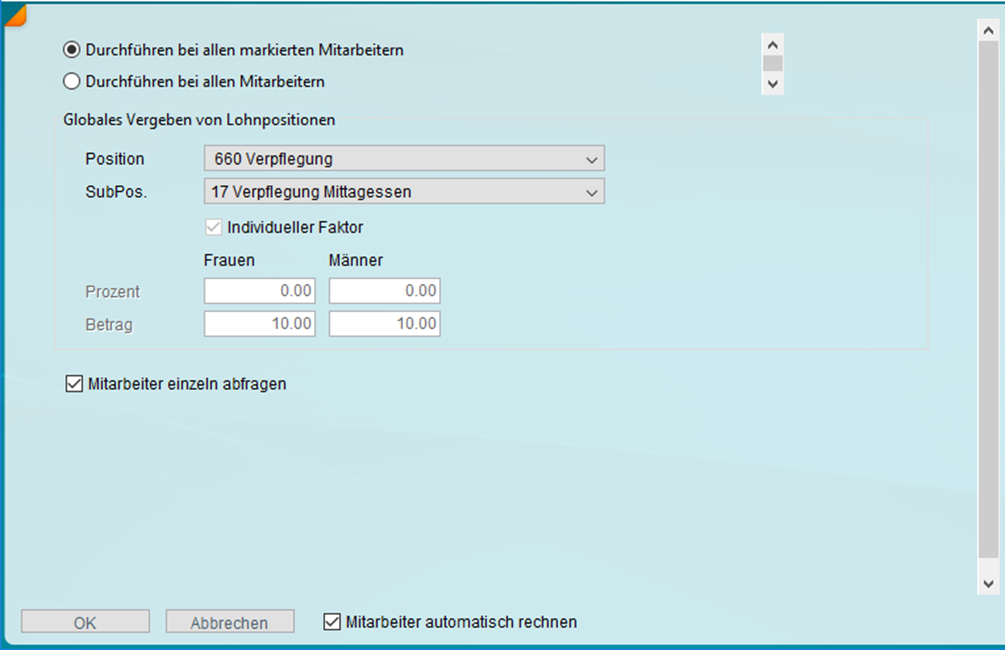 Verpflegungsposition auswählen