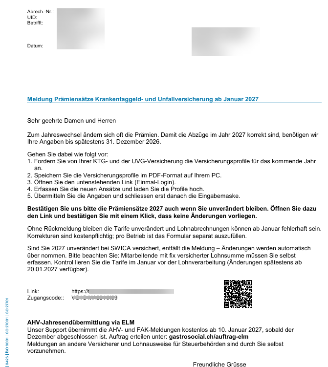 Schreiben zur Meldung der Prämiensätze für Krankentaggeld- und Unfallversicherung ab Januar 2027