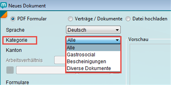 Auswahl von PDF-Formularen im Dokumentencenter