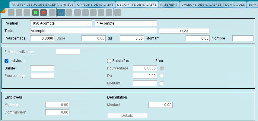 Position 950 Acompte avec la sous-position 1 Acompte, l’option Individuel et le champ Saisie