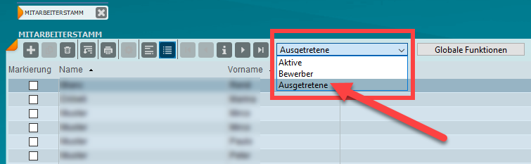 Ausgetretene Mitarbeitende über die Filter im Mitarbeiterstamm anzeigen