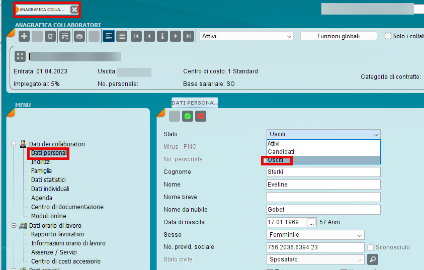 Modificare lo stato di un collaboratore in Usciti nell’anagrafica collaboratori