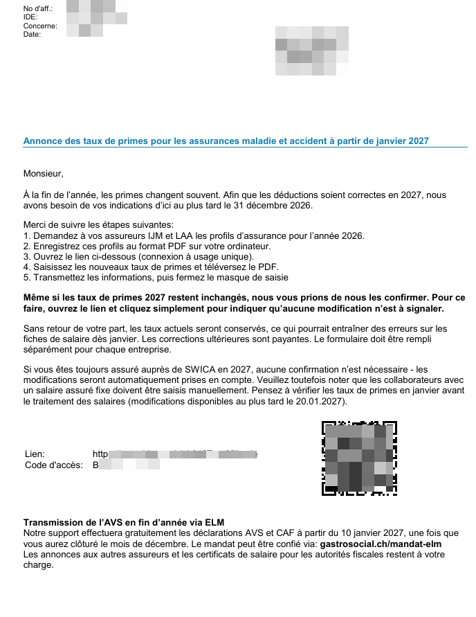Courrier concernant la communication des taux de prime de l’assurance d’indemnités journalières en cas de maladie et de l’assurance-accidents dès janvier 2027