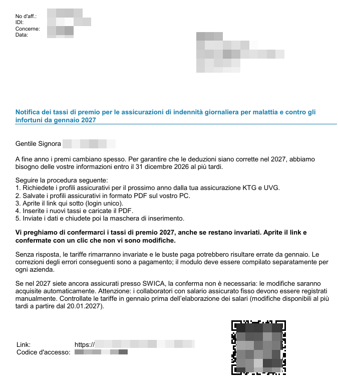 Lettera relativa alla comunicazione dei tassi di premio dell’assicurazione d’indennità giornaliera in caso di malattia e dell’assicurazione contro gli infortuni da gennaio 2027