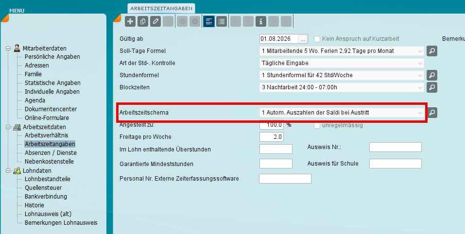 Arbeitszeitschema Automatisches Auszahlen der Saldi bei Austritt im Mitarbeiterstamm