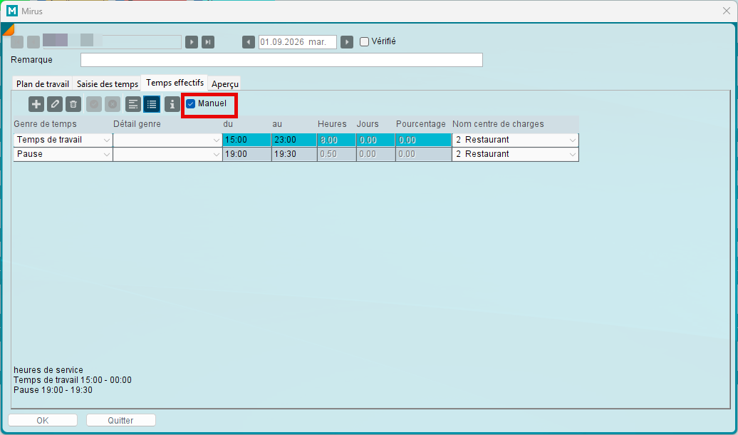 Modifier les heures effectives dans le plan de service