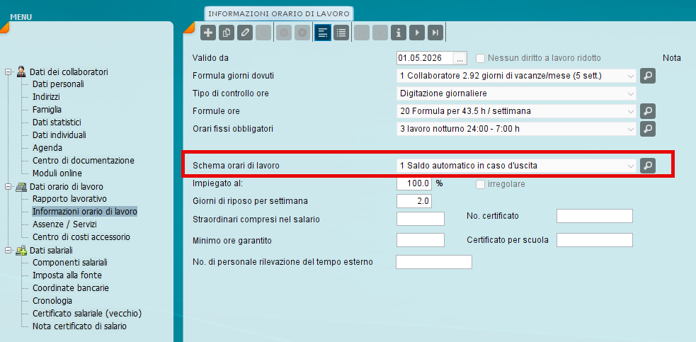 Pagamento automatico dei saldi all'uscita nei dati di base del collaboratore