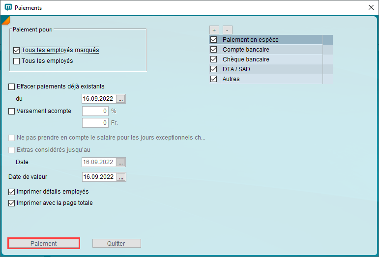 Sélectionner le type de paiement et effectuer le paiement