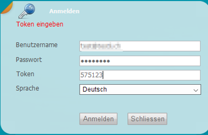 Anmeldung mit dem Sicherheitscode im Feld Token bestätigen