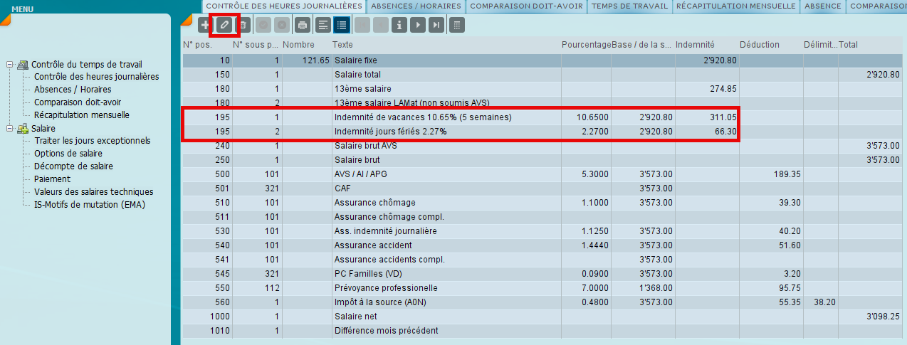 Ouvrir la position salariale pour l’indemnité de vacances ou de jours fériés