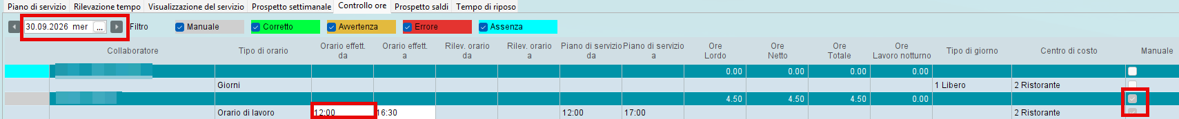 Ore effettive nel piano di servizio con l’opzione Manuale attivata