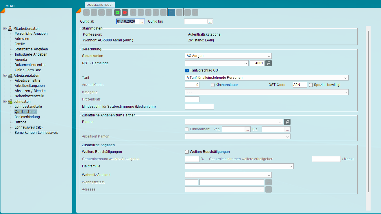 Quellensteuer-Datensatz mit vorgeschlagenem Tarif und QST-Code in miruSocial